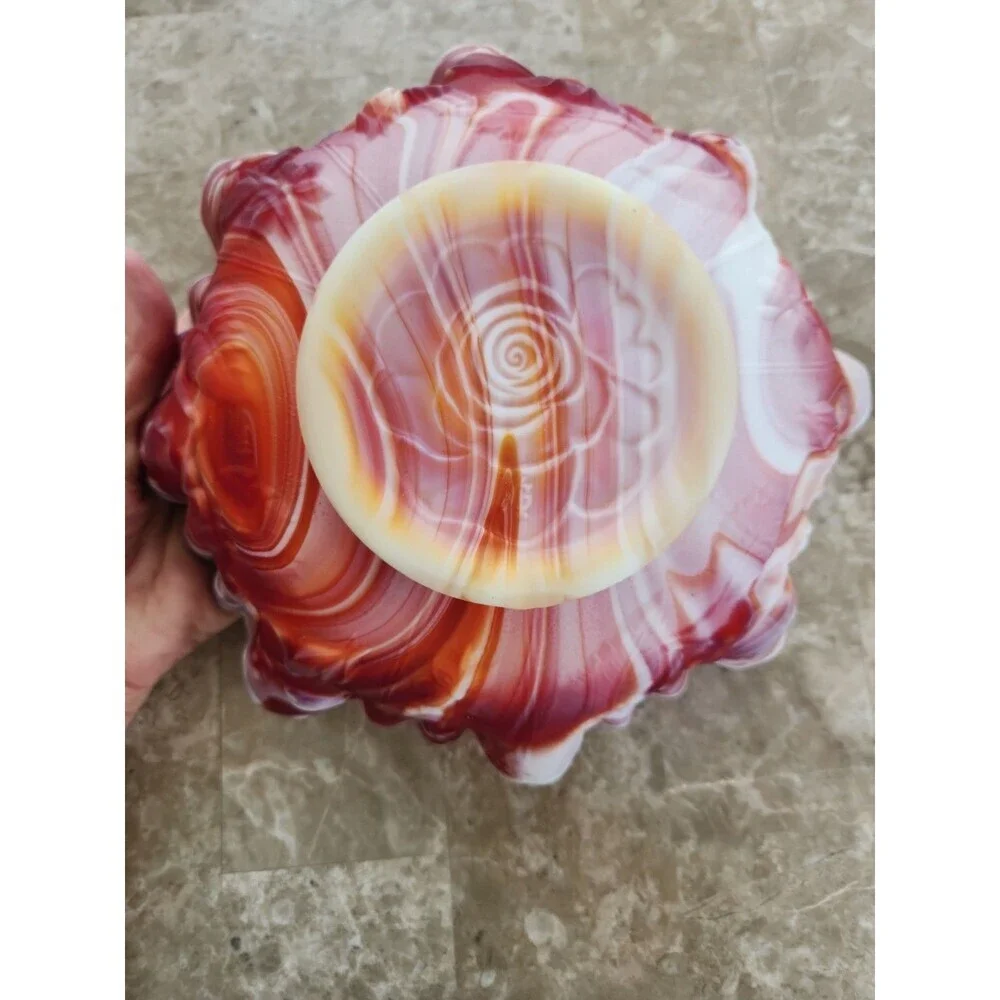Vintage Imperial Red/orange/white Slag Glass Ruffled Dish With Embossed...